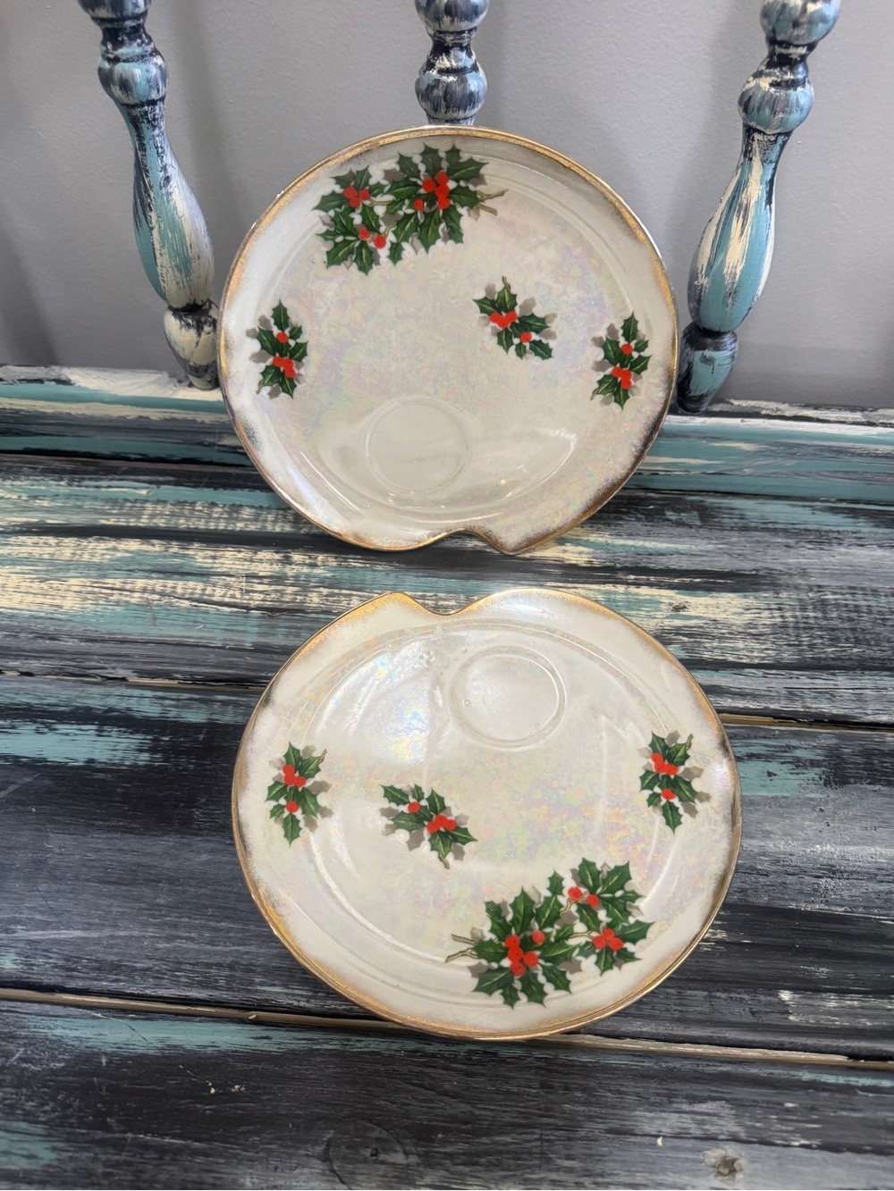 Holiday Holly Ceramic Snack and Sauce Plate Set - White with Green & Red